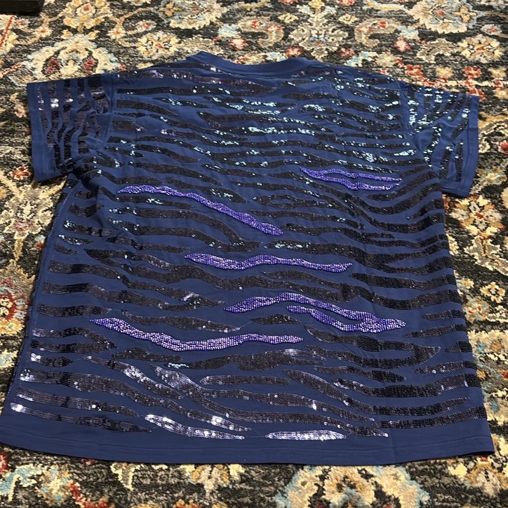 QUEEN OF SPARKLES Blue Zebra Sequin Short Sleeve Tee - Picture 4 of 8